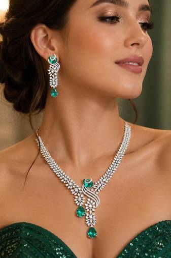 emerald cz diamond bridal jewellery set, pear cut drop choker necklace earrings