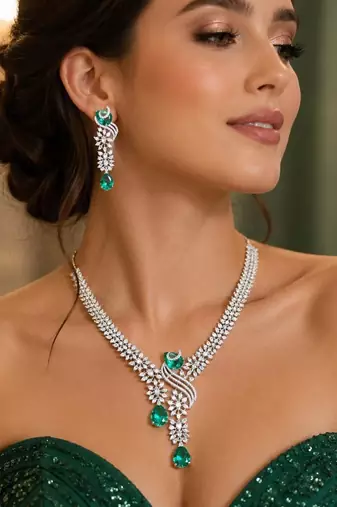 emerald cz diamond bridal jewellery set, pear cut drop choker necklace earrings