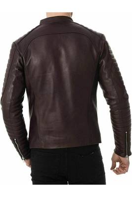 Men's brown leather outerwear casual style biker jacket 2