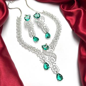 emerald cz diamond bridal jewellery set, pear cut drop choker necklace earrings 2