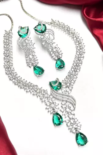 emerald cz diamond bridal jewellery set, pear cut drop choker necklace earrings