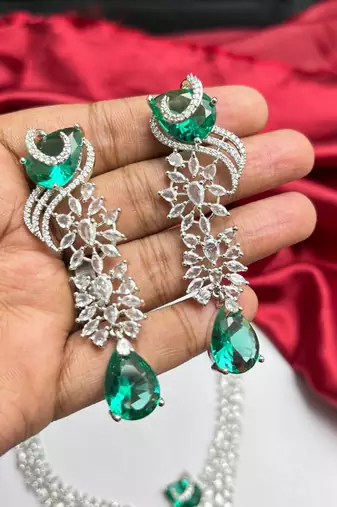 emerald cz diamond bridal jewellery set, pear cut drop choker necklace earrings