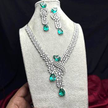emerald cz diamond bridal jewellery set, pear cut drop choker necklace earrings 4