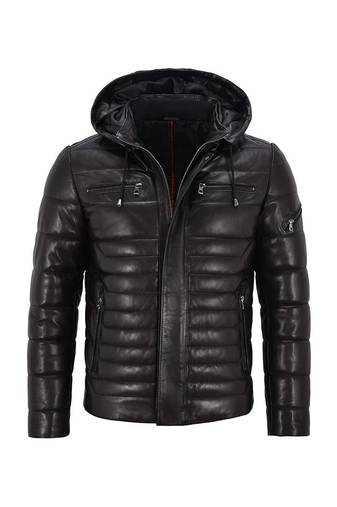 Men's black leather outerwear tailored look puffer jacket