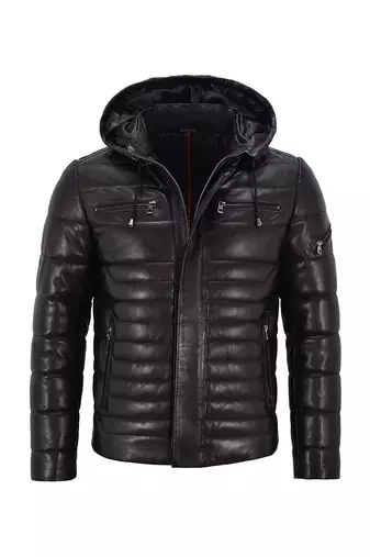Men's black leather outerwear tailored look puffer jacket
