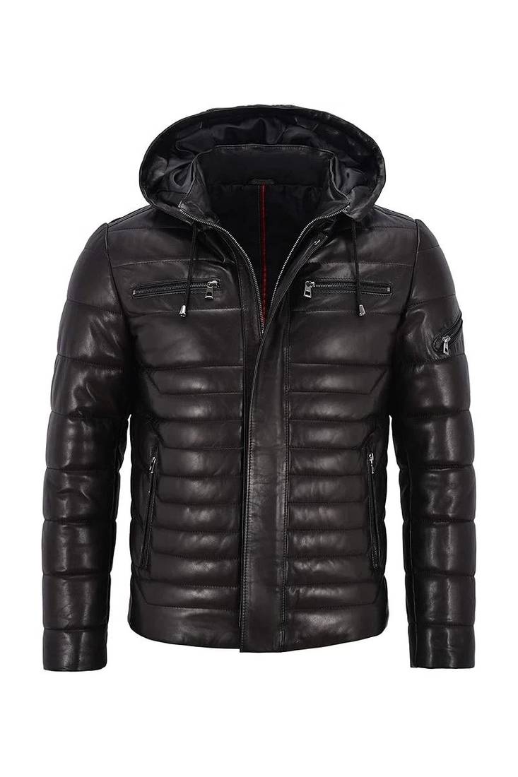 Men's black leather outerwear tailored look puffer jacket