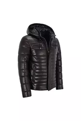 Men's black leather outerwear tailored look puffer jacket