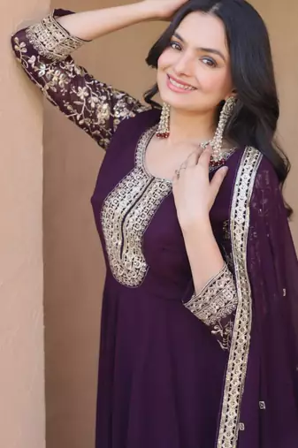 Wine zari & sequins embroidered anarkali set