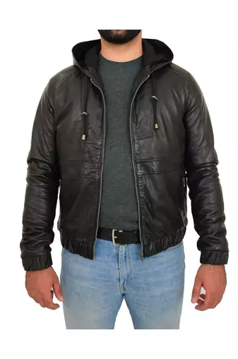 Men's black leather outerwear street style hoodies jacket