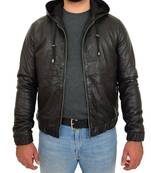 Men's black leather outerwear street style hoodies jacket