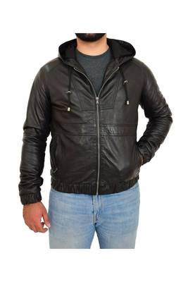 Men's black leather outerwear street style hoodies jacket 2