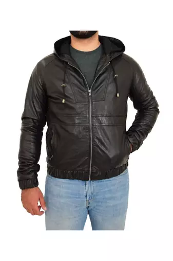 Men's black leather outerwear street style hoodies jacket