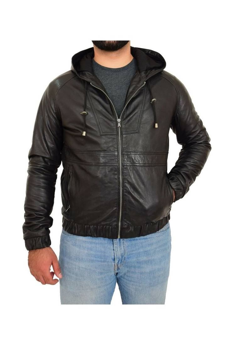 Men's black leather outerwear street style hoodies jacket