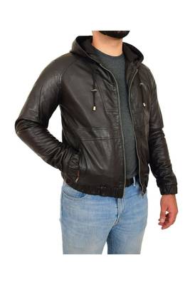 Men's black leather outerwear street style hoodies jacket 3