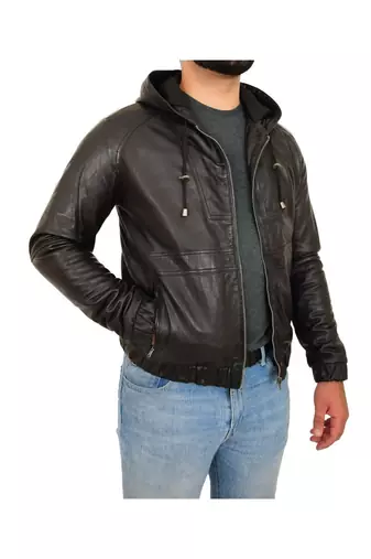 Men's black leather outerwear street style hoodies jacket