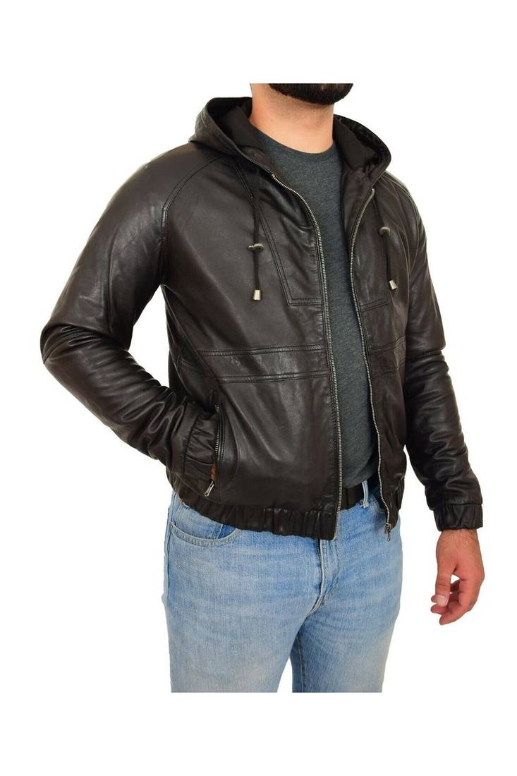 Men's black leather outerwear street style hoodies jacket