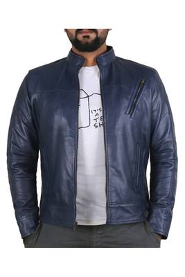 Men's navy blue leather outerwear timeless style biker jacket 1