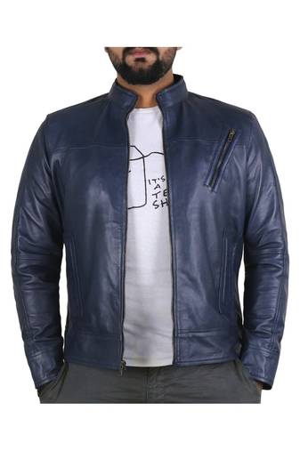 Men's navy blue leather outerwear timeless style biker jacket
