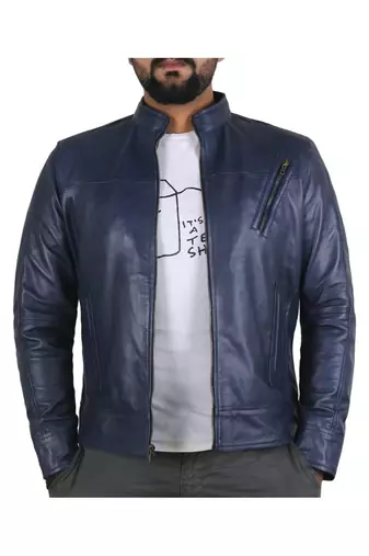 Men's navy blue leather outerwear timeless style biker jacket