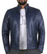 Men's navy blue leather outerwear timeless style biker jacket