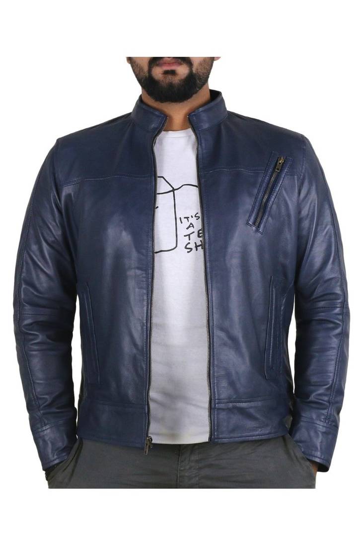 Men's navy blue leather outerwear timeless style biker jacket