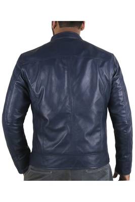 Men's navy blue leather outerwear timeless style biker jacket 2