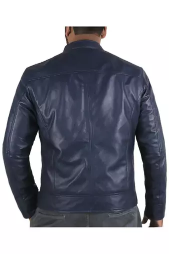 Men's navy blue leather outerwear timeless style biker jacket