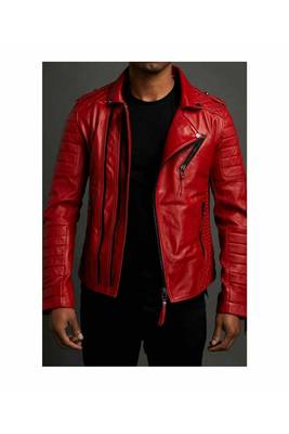 Men's red leather outerwear quilted biker jacket 1