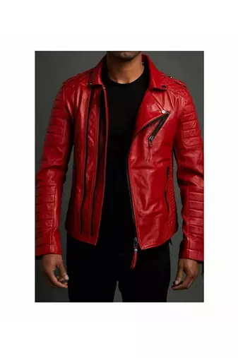 Men's red leather outerwear quilted biker jacket