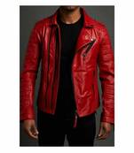 Men's red leather outerwear quilted biker jacket