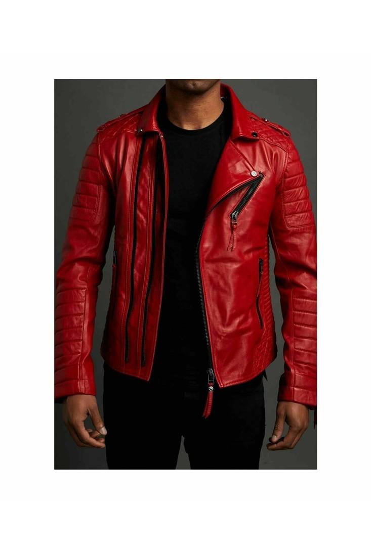 Men's red leather outerwear quilted biker jacket