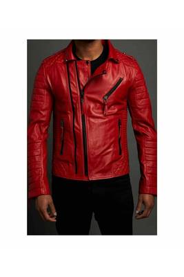 Men's red leather outerwear quilted biker jacket 2