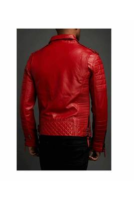 Men's red leather outerwear quilted biker jacket 3