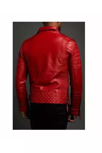 Men's red leather outerwear quilted biker jacket