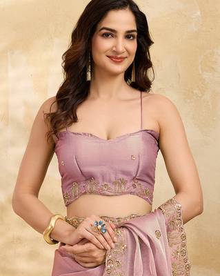 Pink Silk Blend Beads Embroidery With Sequence Work Saree with Unstitch Blouse Piece For Women 5