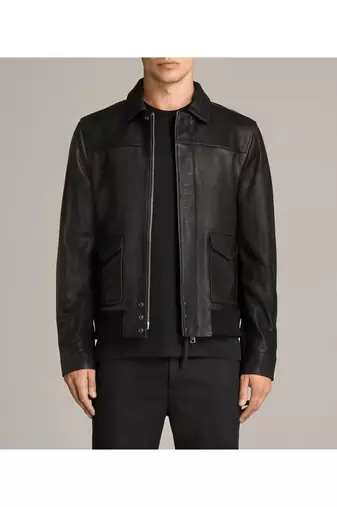 Men's leather outerwear signature look black bomer jacket