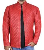 Men's red quilted leather premium finish biker jacket