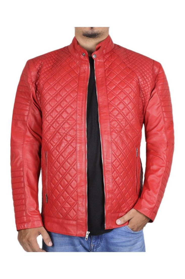 Men's red quilted leather premium finish biker jacket