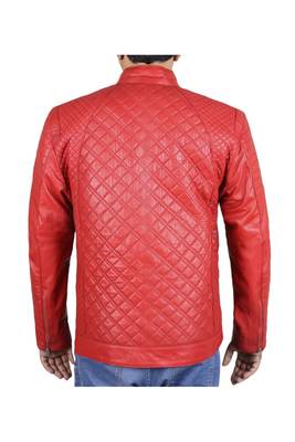 Men's red quilted leather premium finish biker jacket 2