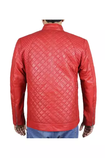 Men's red quilted leather premium finish biker jacket