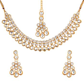 White color necklace set with earrings & maang tikka | kundan & agate stone | antique gold plating 2