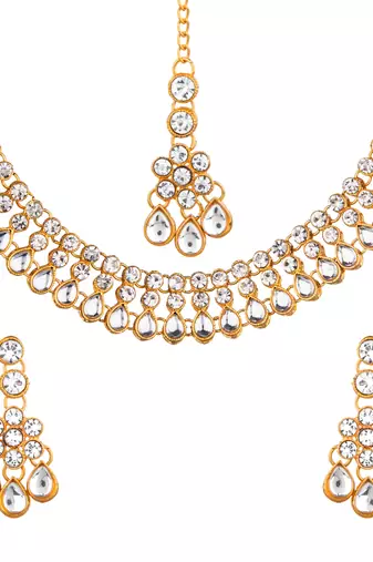 White color necklace set with earrings & maang tikka | kundan & agate stone | antique gold plating