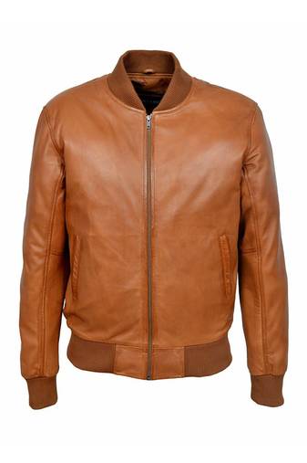 Men's tan leather casual style bomber jacket