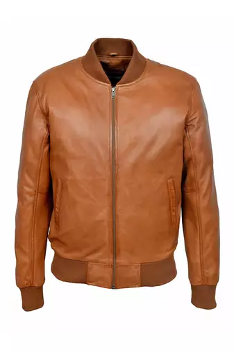Men's tan leather casual style bomber jacket