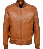 Men's tan leather casual style bomber jacket
