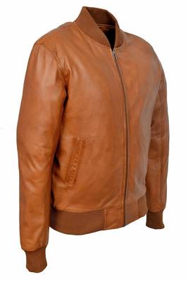 Men's tan leather casual style bomber jacket 2