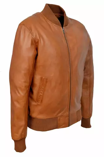 Men's tan leather casual style bomber jacket