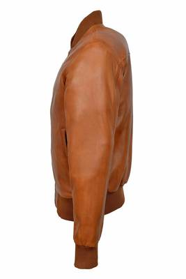Men's tan leather casual style bomber jacket 3
