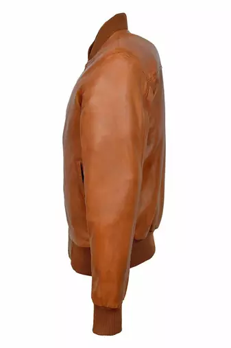 Men's tan leather casual style bomber jacket