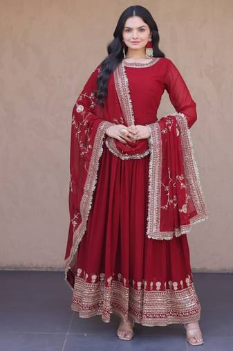 Maroon zari embroidered blooming gown with dupatta